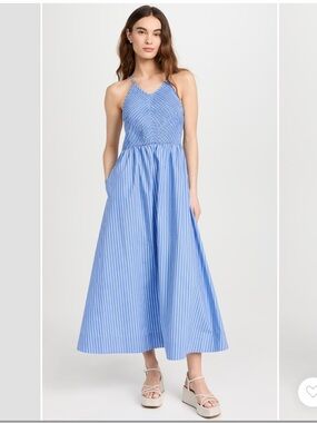 Faithfull The Brand Camera  Blue and White Baratti Stripe Cotton Midi Dress Sz 4